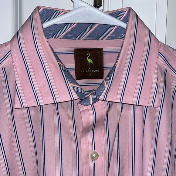 Beautiful Pink Blue stripe Tailorbyrd LS Party Button down shirt L w/ marks back - Picture 2 of 6